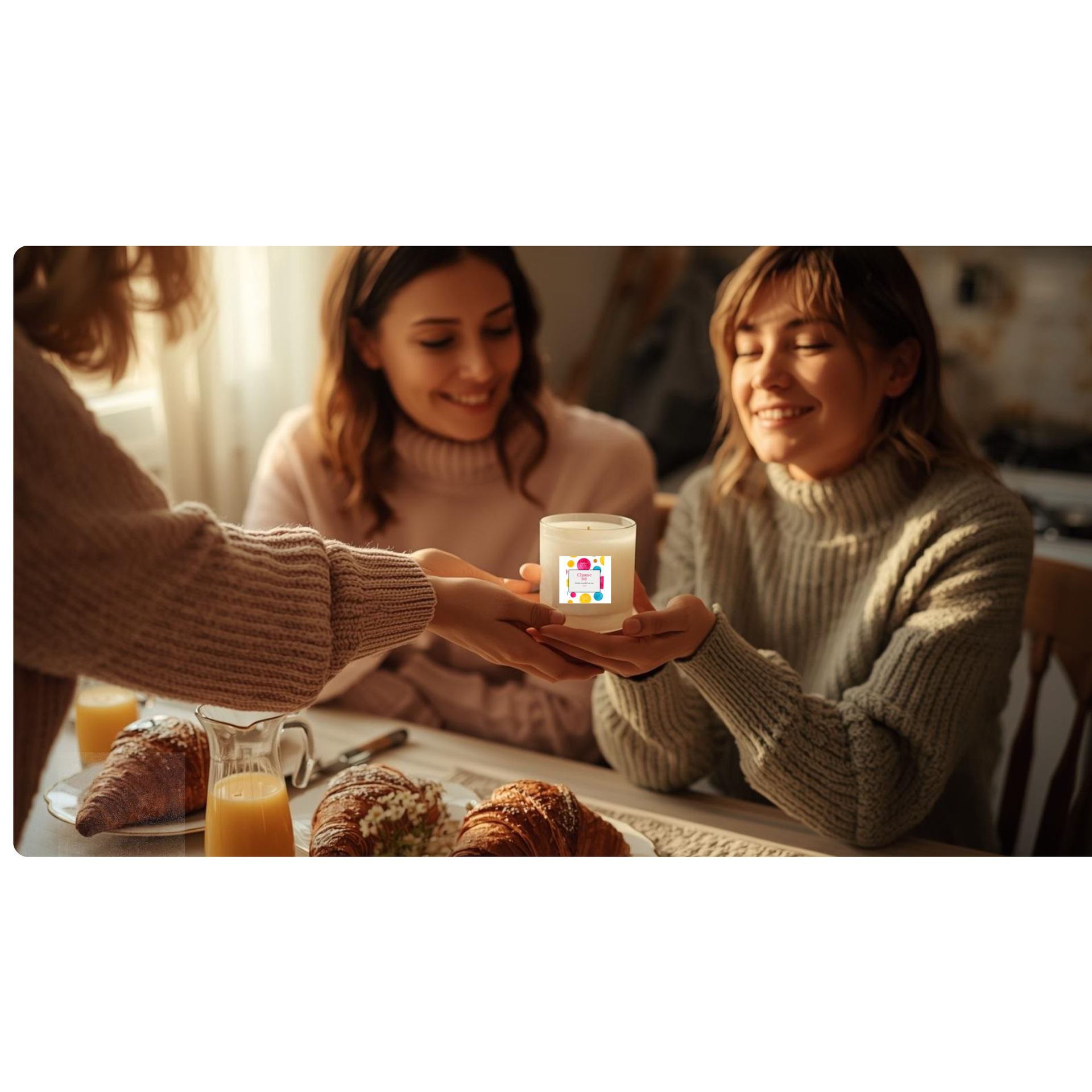 Friend surprises woman at sunny table, gifting white 'Sunshine & Joy' candle; soft sweaters, croissants, daisies, warm light, feeling seen and loved.