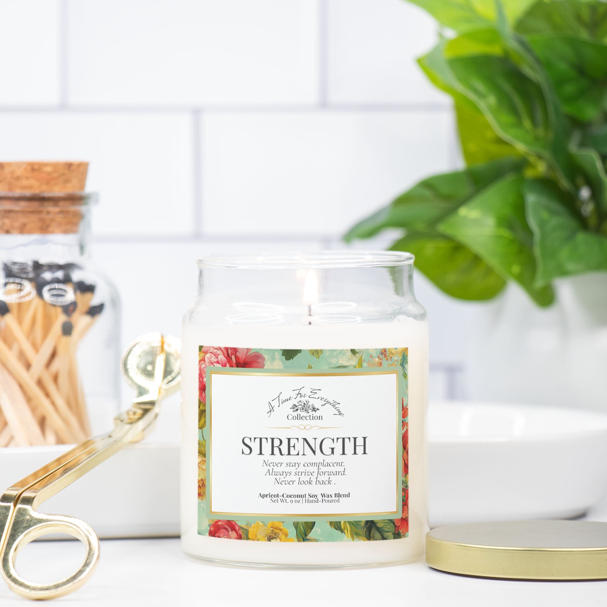 Strength – 9 oz Apothecary Intention Candle – Emotional Fortitude and Comfort Ritual – Clear Glass Jar with Gold Lid
