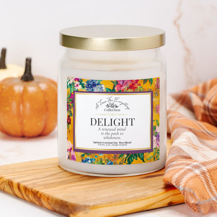 Delight – 9 oz Apothecary Intention Candle – Joy Ritual for Lightness and Emotional Renewal – Clear Glass Jar with Gold Lid