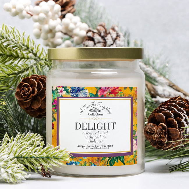 Delight – 9 oz Apothecary Intention Candle – Joy Ritual for Lightness and Emotional Renewal – Clear Glass Jar with Gold Lid