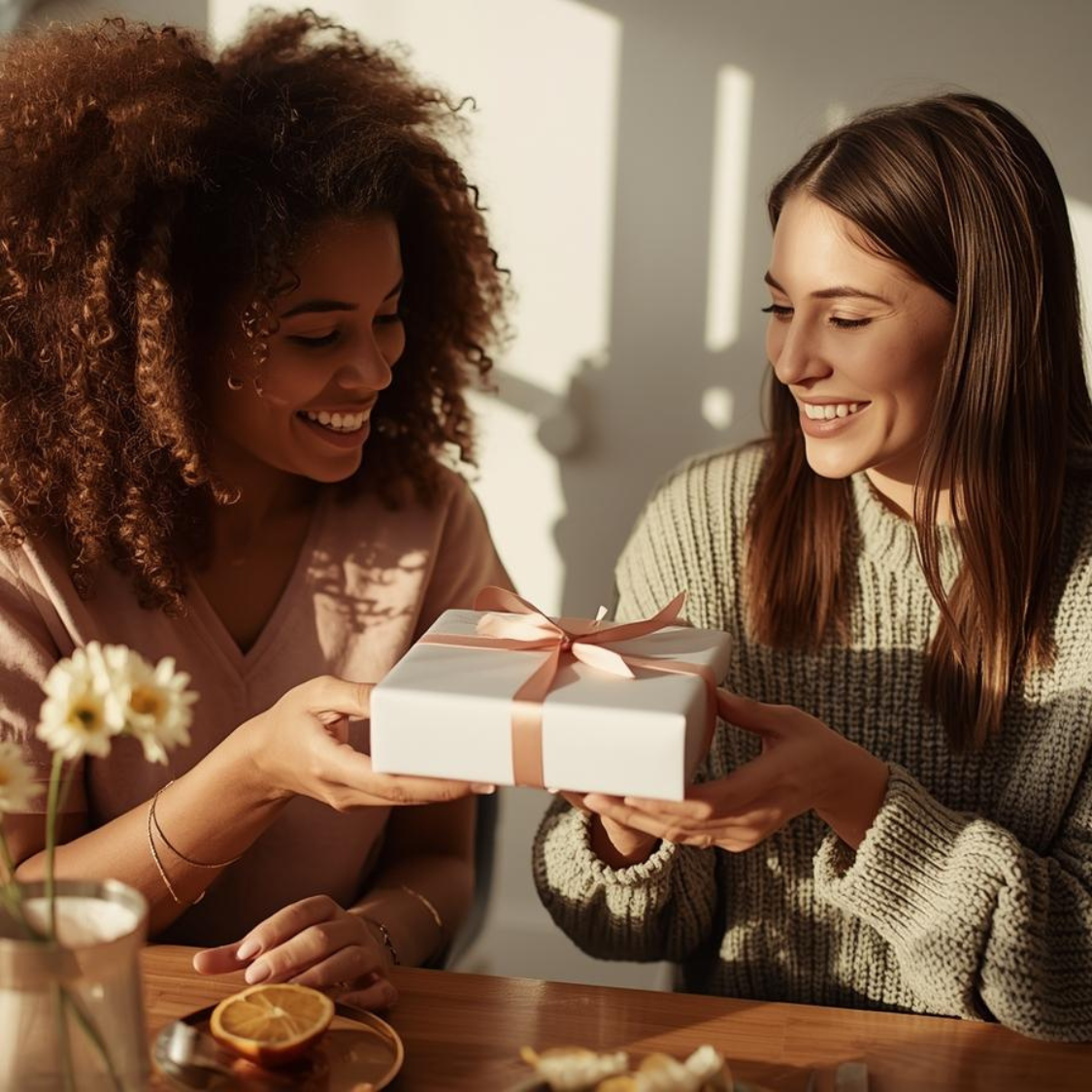 Two distinct friends exchange small white gift box with rose-pink bow; mismatched cozy sweaters, daisies and evergreen sprig, warm light.